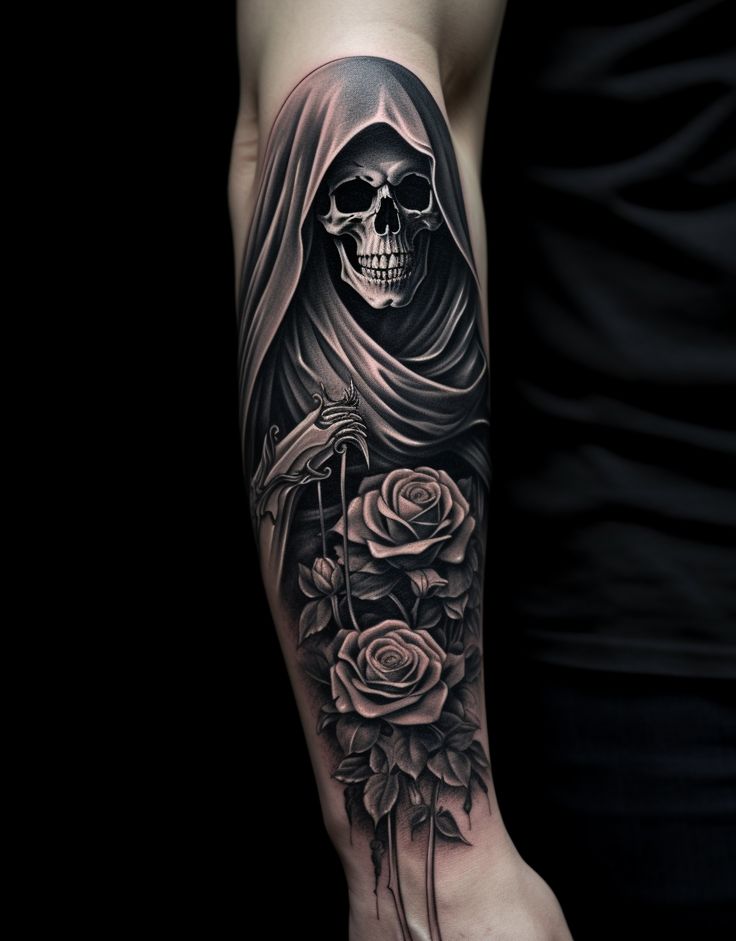Grim reaper tattoo with detailed roses